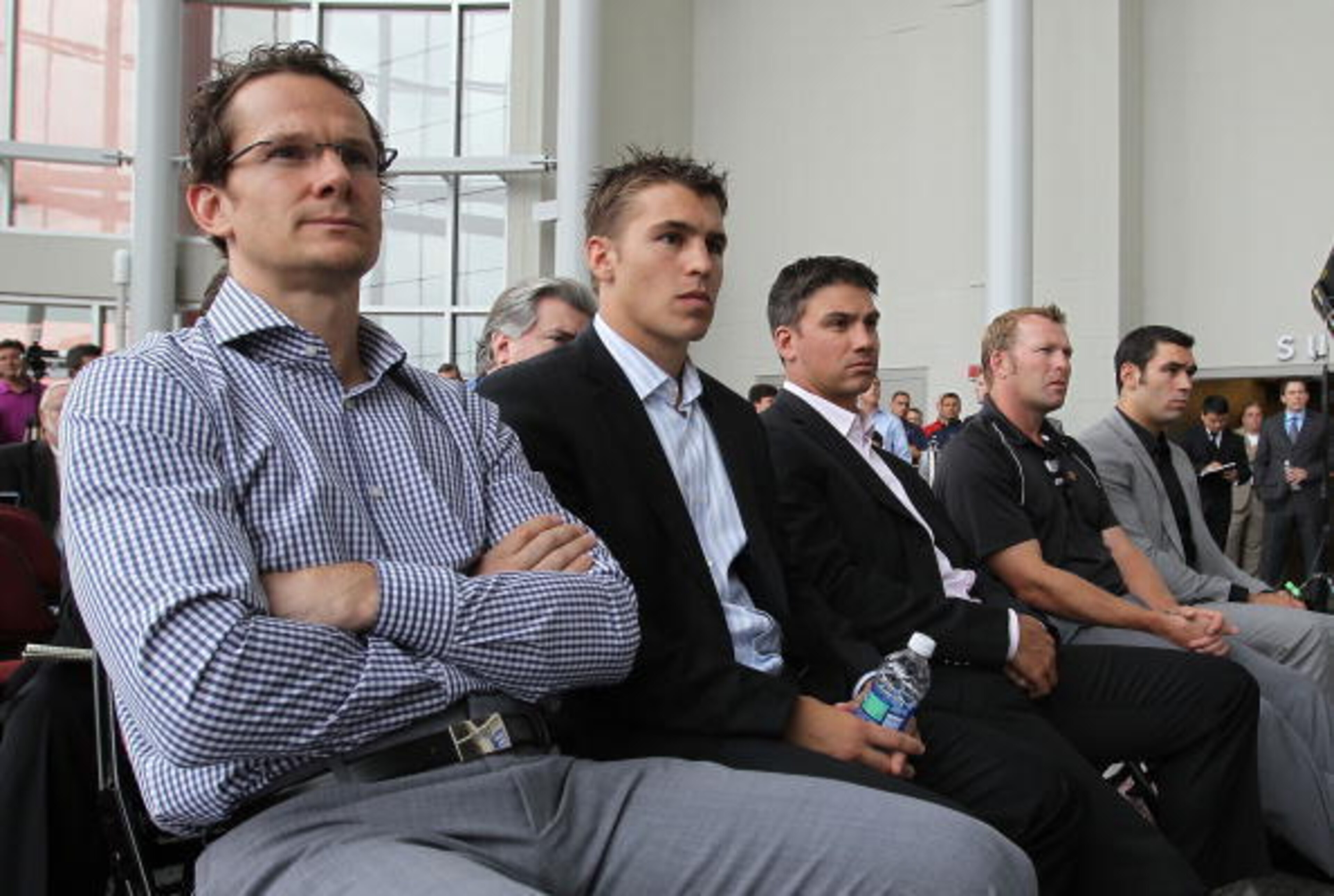 NEWARK, NJ - JULY 20: (L-R) New Jersey Devils players Patrik Elias, Zach Parise, Jamie Langenbrunner, Martin Brodeur and Pierre-Luc Letourneau-Leblond show up for a media opportunity announcing the contract renewal for Ilya Kovachukat the Prudential Cente