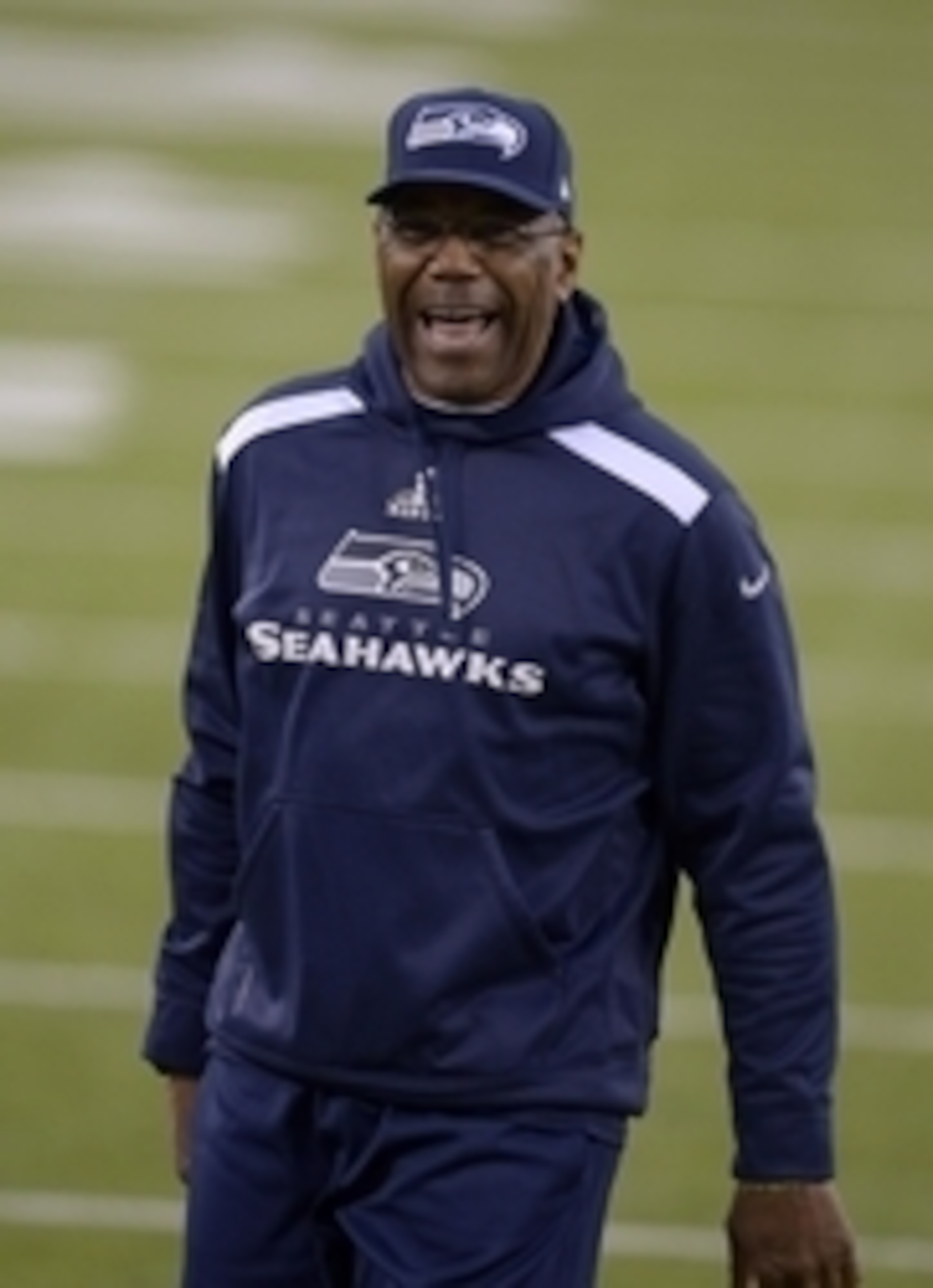 Feb 2, 2014; East Rutherford, NJ, USA; Seattle Seahawks running backs coach Sherman Smith during Super Bowl XLVIII against the Denver Broncos at MetLife Stadium. The Seahawks defeated the Broncos 43-8. Mandatory Credit: Kirby Lee-USA TODAY Sports
