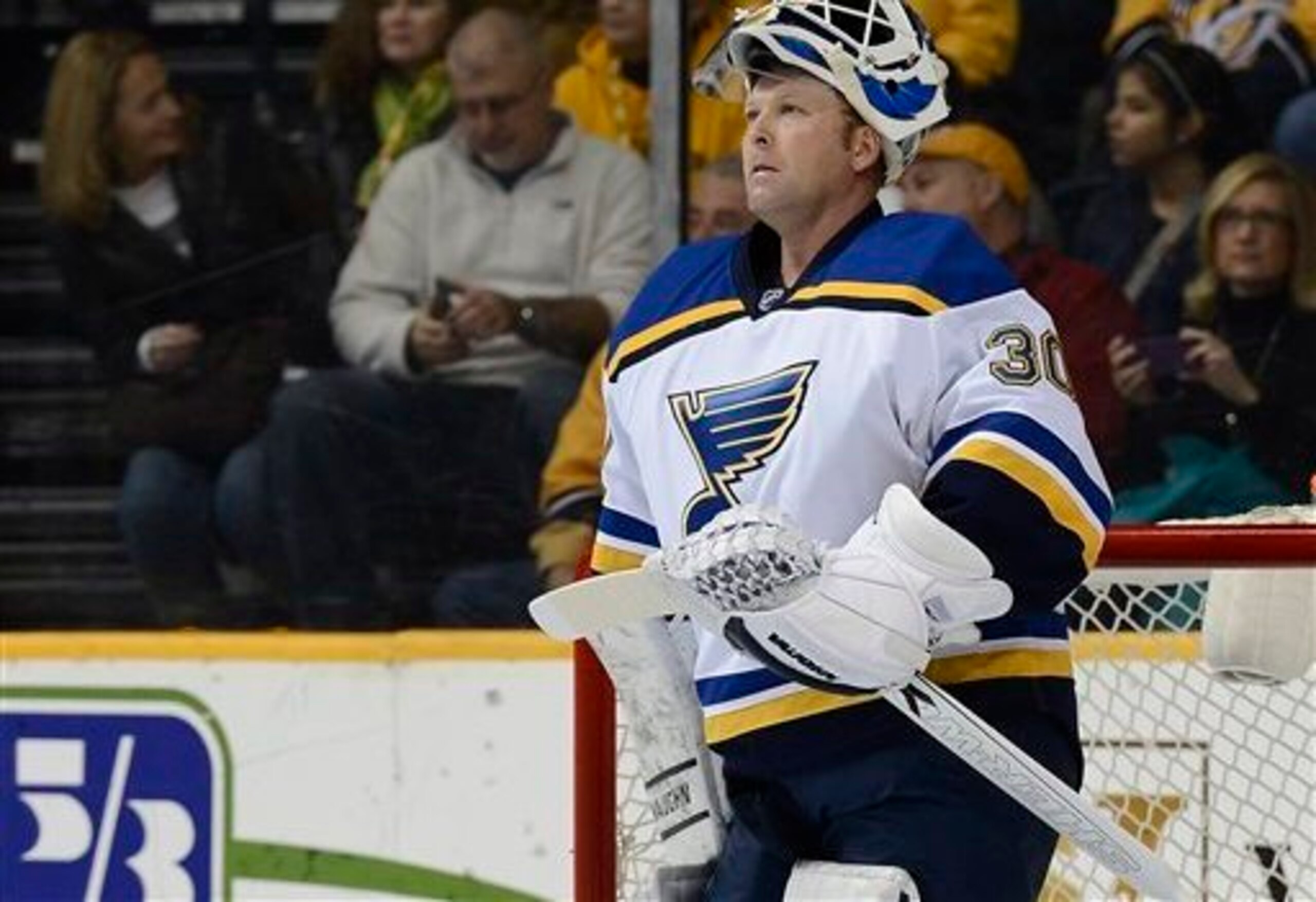 FILE - In this Dec. 4, 2014, file photo, St. Louis Blues goalie Martin Brodeur looks up at the scoreboard during a timeout in the first period of an NHL hockey game against the Nashville Predators in Nashville, Tenn. Brodeur, one of the greatest goaltende