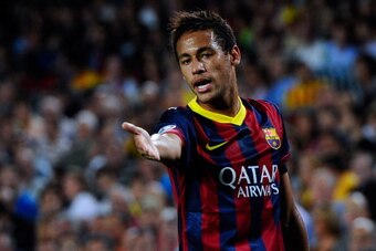 BARCELONA, SPAIN - SEPTEMBER 18:  Neymar of FC Barcelona reacts during the UEFA Champions League Group H match between FC Barcelona and Ajax Amsterdam ag the Camp Nou stadium on September 18, 2013 in Barcelona, Spain.  (Photo by David Ramos/Getty Images)