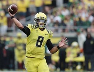 As a freshman in 2012, Marcus Mariota tied an Oregon school record with six touchdown passes in a 59-17 win at Cal.