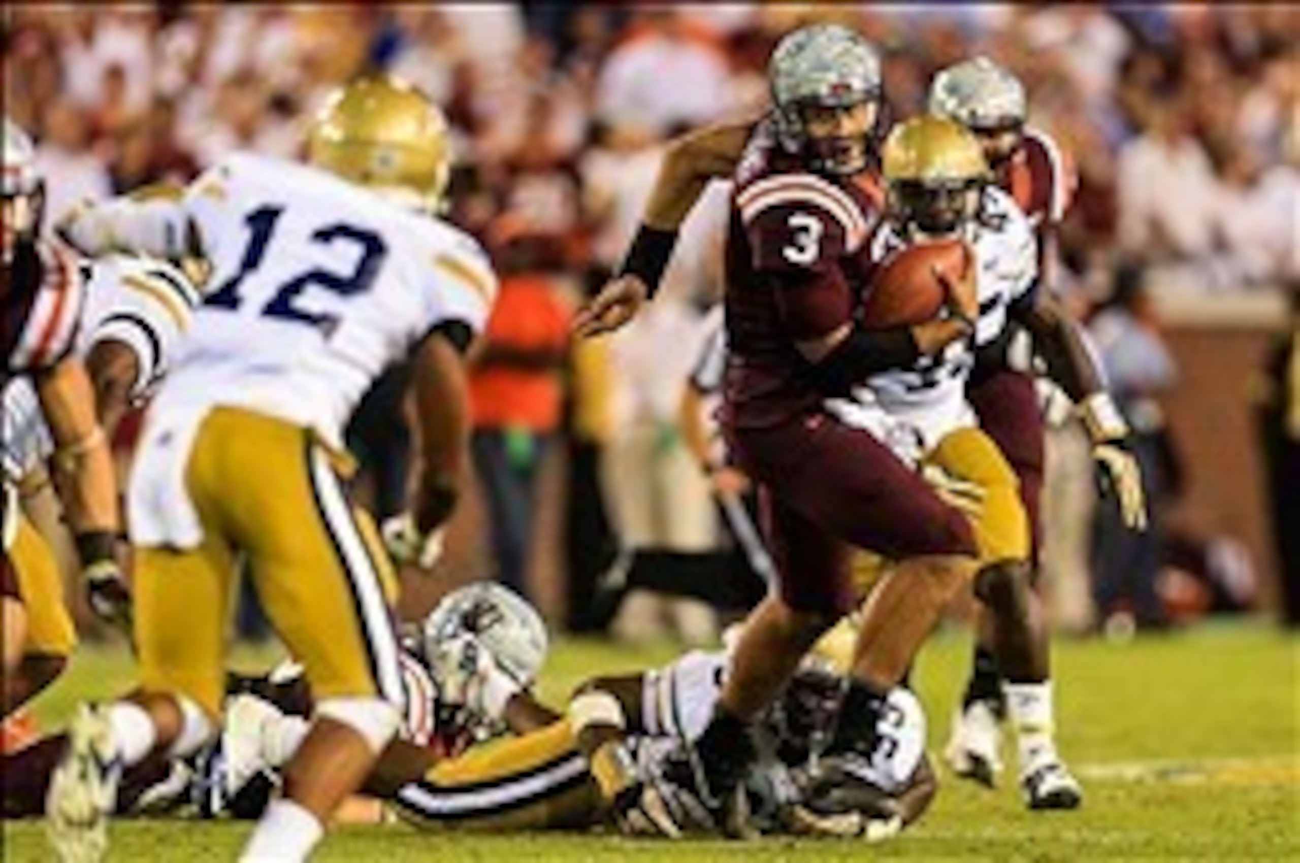 Sep 26, 2013; Atlanta, GA, USA; Virginia Tech Hokies quarterback Logan Thomas (3) runs the ball in the second half against the Georgia Tech Yellow Jackets at Bobby Dodd Stadium. Virginia Tech won 17-10. Mandatory Credit: Daniel Shirey-USA TODAY Sports