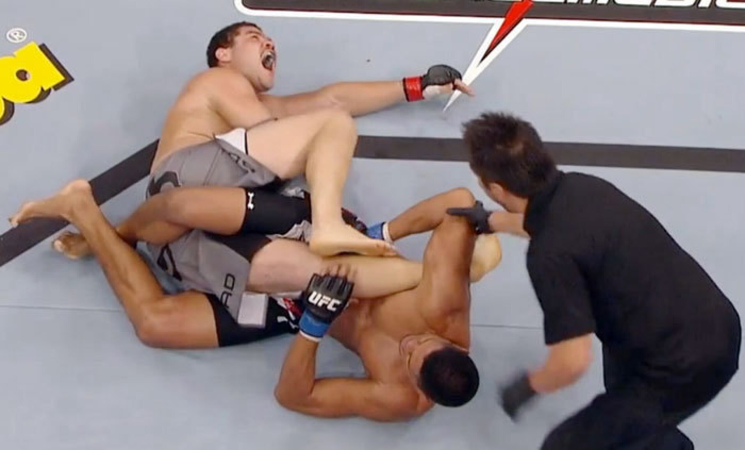Wagner Prado (top) screams in pain when Ildemar Alcantara locks on his kneebar. (Photo credit: CageWall.com)