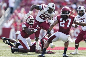 South Carolina tailback Mike Davis (No. 28) leads the SEC in rushing yards per game.