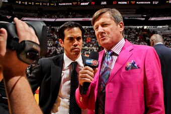 MIAMI, FL - MAY 30: Head Coach Erik Spoelstra of the Miami Heat is interviewed by Craig Sager while his team plays against the Indiana Pacers in Game Five of the Eastern Conference Finals during the 2013 NBA Playoffs on May 30, 2013 at American Airlines A
