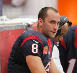 HOUSTON, TX - OCTOBER 13:  Matt Schaub #8 of the Houston Texans looks on from the bench against the St. Louis Rams at Reliant Stadium on October 13, 2013 in Houston, Texas.  (Photo by Bob Levey/Getty Images)