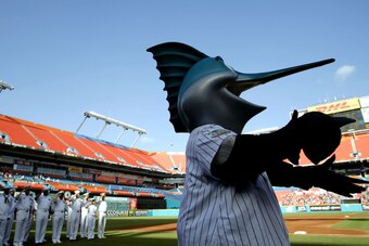 Billy the Marlin during a home game against the Brewers in 2005. Back then, the Florida Marlins, now called Miami Marlins, played at Dolphins Stadium, now called Sun Life Stadium.