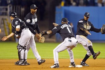 From left to right: Catcher Ivan "Pudge" Rodriguez, right fielder Juan Encarnacion, second baseman Luis Castillo and center fielder Juan Pierre.