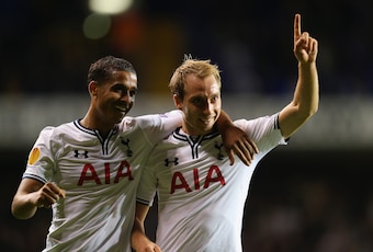 Christian Eriksen with Andros Townsend in Tottenham's Europa League match vs Tromso IL