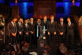 Participants pose at gala for 2013 ATP World Tour Finals in London.