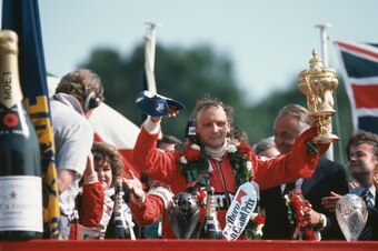 Austrian racing driver Niki Lauda with the trophy after winning the British Grand Prix in a McLaren-Cosworth at Brands Hatch, 18th July 1982. (Photo by Adrian Murrell/Getty Images)