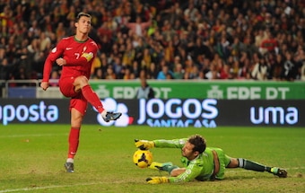 Ronaldo was flagged offside before dispatching this shot.