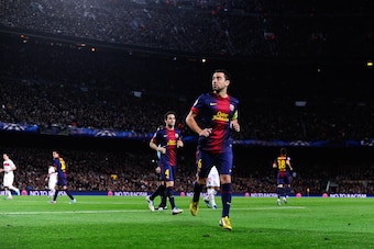 BARCELONA, SPAIN - APRIL 10:  Xavi Hernandez of FC Barcelona looks on during the UEFA Champions League quarter-final second leg match between Barcelona and Paris St Germain at Nou Camp on April 10, 2013 in Barcelona, Spain.  (Photo by David Ramos/Getty Im
