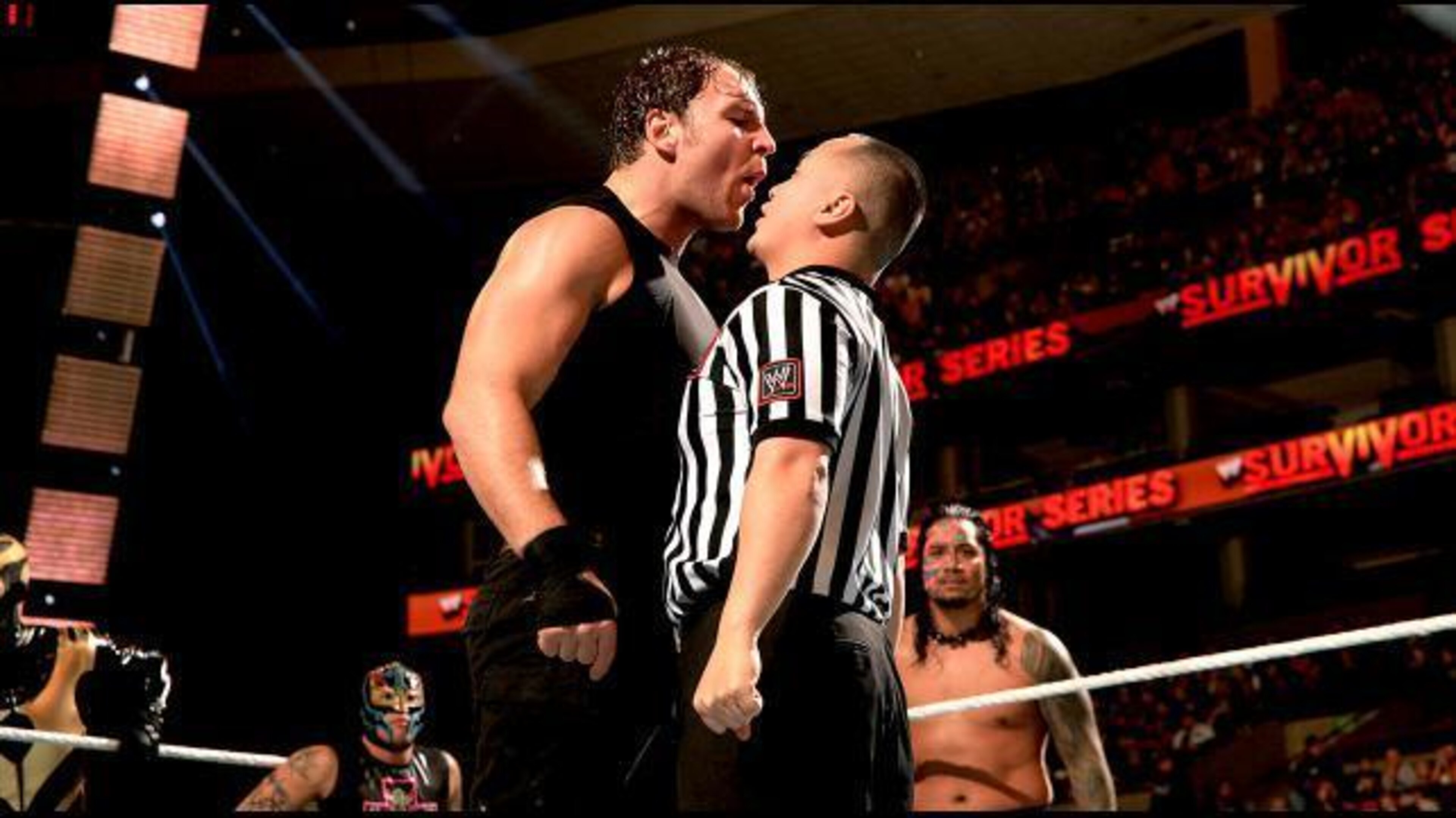 United States Champion Dean Ambrose gets in the face of the referee. (Courtesy of WWE.com)