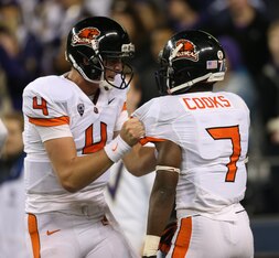 SEATTLE, WA - OCTOBER 27:  Wide receiver Brandin Cooks #7 of the Oregon State Beavers celebrates with quarterback Sean Mannion #4 after scoring a touchdown against the Washington Huskies on October 27, 2012 at CenturyLink Field in Seattle, Washington. The