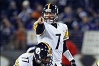 Nov 28, 2013; Baltimore, MD, USA; Pittsburgh Steelers quarterback Ben Roethlisberger (7) directs the offense against the Baltimore Ravens during a NFL football game on Thanksgiving at M&T Bank Stadium. Mandatory Credit: Mitch Stringer-USA TODAY Sports