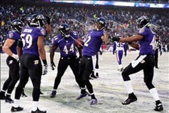 Jacoby Jones and co. celebrate a 77-yard return touchdown.