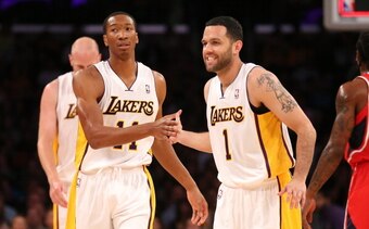Wesley Johnson and Jordan Farmar of the L.A. Lakers