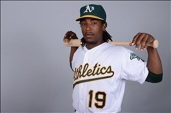 February 18, 2013; Phoenix, AZ, USA; Oakland Athletics second baseman Jemile Weeks (19) poses for a picture during photo day at Phoenix Municipal Stadium. Mandatory Credit: Kyle Terada-USA TODAY Sports