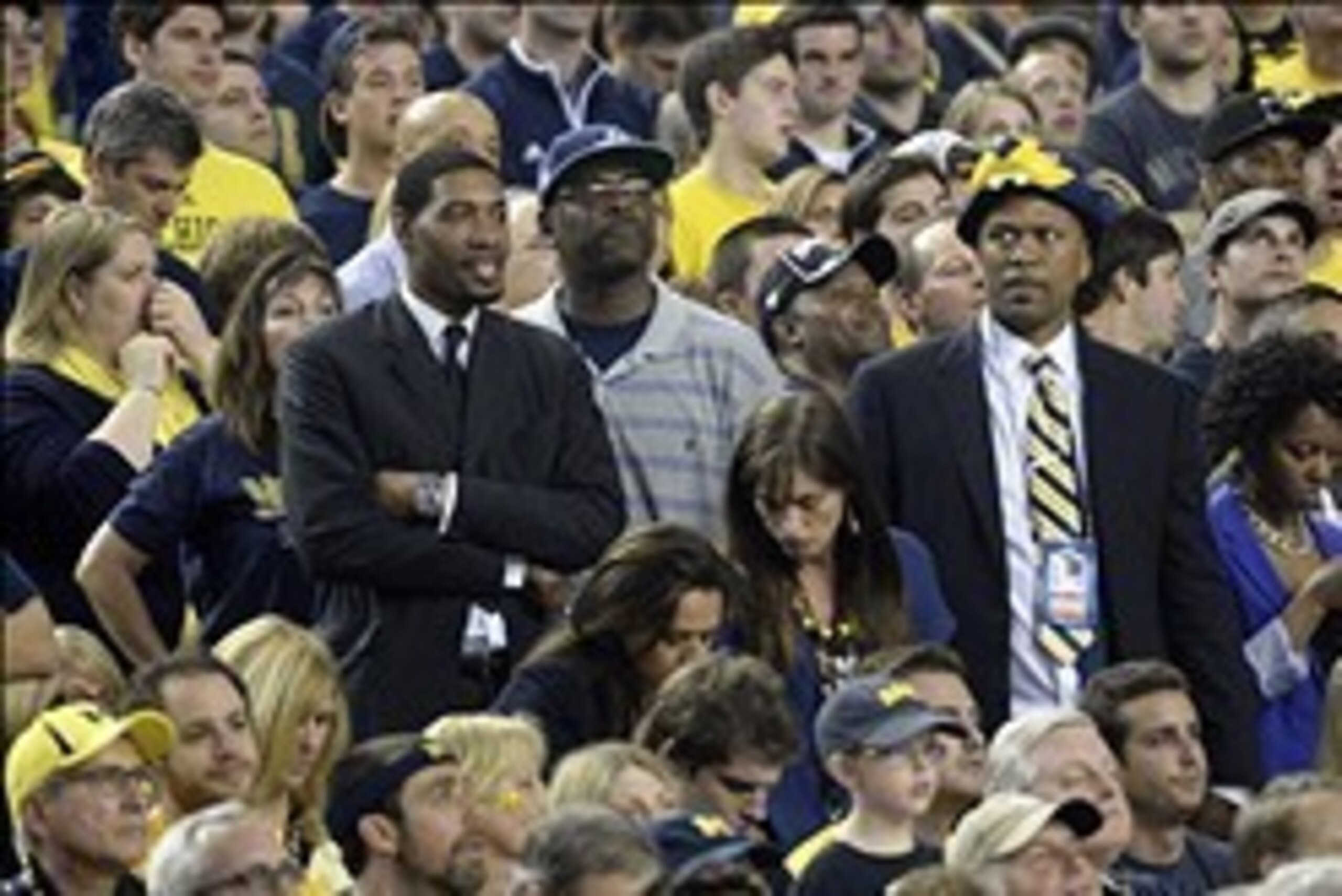 Apr 8, 2013; Atlanta, GA, USA; Michigan Wolverines former players from left Jimmy King , Ray Jackson and Jalen Rose in attendance during the first half of the championship game in the 2013 NCAA mens Final Four against the Louisville Cardinals at the Georg Apr 8, 2013; Atlanta, GA, USA; Michigan Wolverines former players from left Jimmy King , Ray Jackson and Jalen Rose in attendance during the first half of the championship game in the 2013 NCAA mens Final Four against the Louisville Cardinals at the Georg