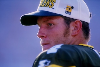 1 Sep 1996:  Quarterback Brett Favre of the Green Bay Packers during the Packers 34-3 win over the Tampa Bay Buccaneers at Tampa Stadium in Tampa, Florida.