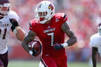 LOUISVILLE, KY - SEPTEMBER 07:  Damian Copeland #7 of the Louisville Cardinals runs with the ball during the game against the Eastern Kentucky Colonels at Papa John's Cardinal Stadium on September 7, 2013 in Louisville, Kentucky.  (Photo by Andy Lyons/Get