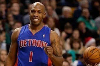 Dec 18, 2013; Boston, MA, USA; Detroit Pistons shooting guard Chauncey Billups (1) shares a laugh with teammates during the fourth quarter of Detroit's 107-106 win over the Boston Celtics at TD Garden. Mandatory Credit: Winslow Townson-USA TODAY Sports