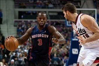 Dec 15, 2013; Auburn Hills, MI, USA; Detroit Pistons shooting guard Rodney Stuckey (3) dribbles the ball during the first quarter against the Portland Trail Blazers at the Palace of Auburn Hills. Mandatory Credit: Tim Fuller-USA TODAY Sports
