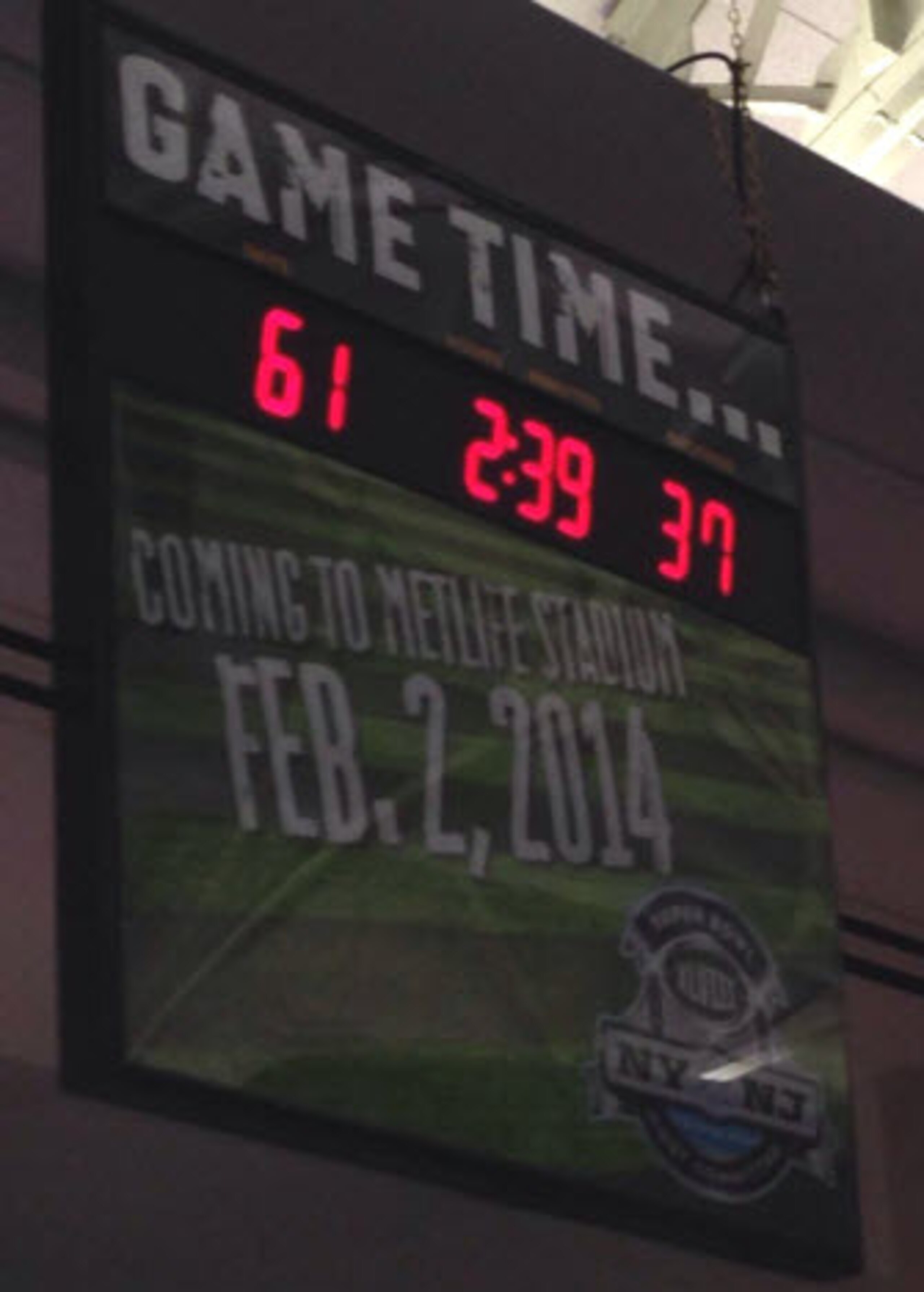 The Super Bowl countdown clock hanging at New York's Penn Station.