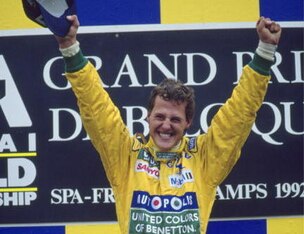 Schumacher celebrates his first victory in F1