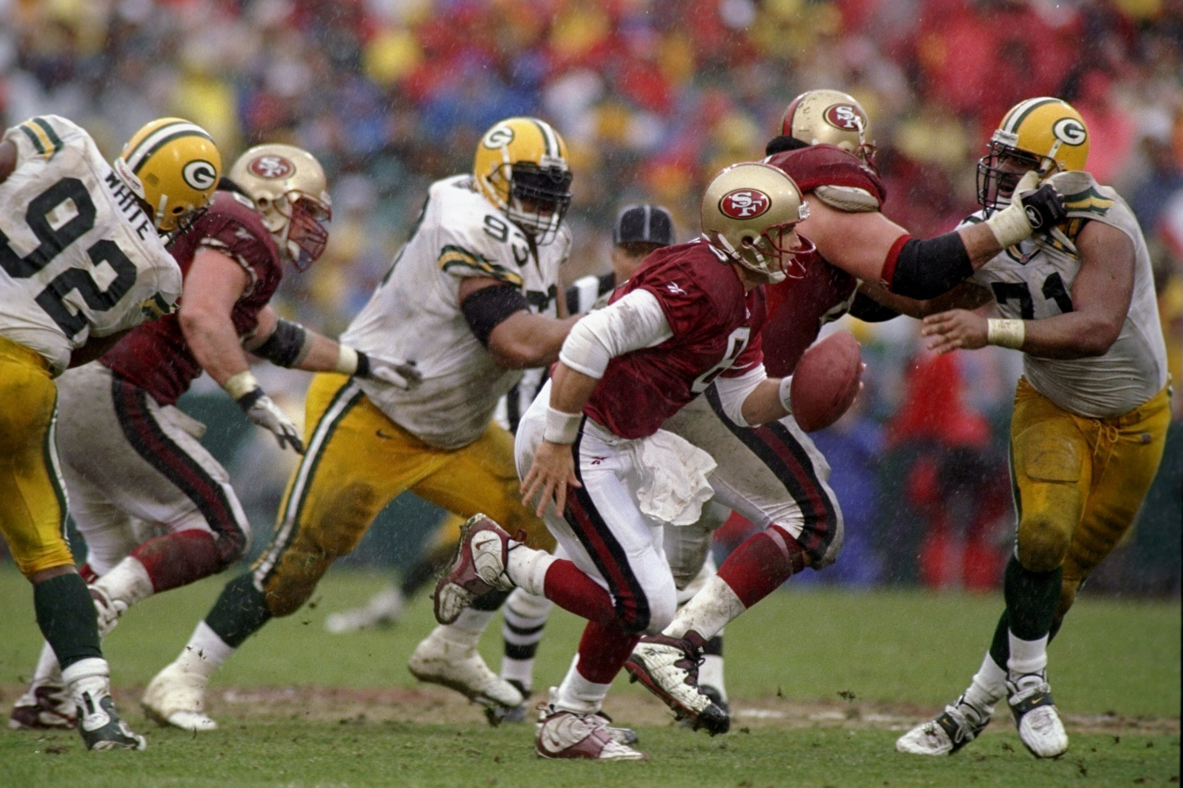 11 Jan 1997:  Steve Young #8 of the San Francisco 49ers in action during the NFC Championship Game against the Green Bay Packers at 3Com Park in San Francisco, California. The Packers defeated the 49ers 23-10. Mandatory Credit: Otto Greule Jr.  /Allsport