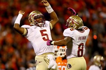 Redshirt freshman Jameis Winston (5) and junior running back Devonta Freeman