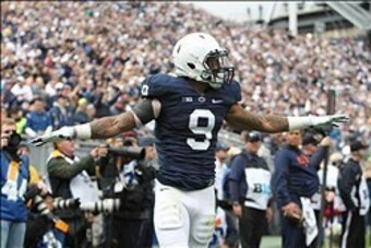 Nov 2, 2013; University Park, PA, USA; Penn State Nittany Lions cornerback Jordan Lucas (9) reacts during the second quarter against the Illinois Fighting Illini at Beaver Stadium. Penn State defeated Illinois 24-17. Mandatory Credit: Matthew O'Haren-USA 