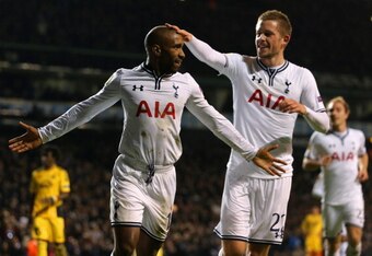 Defoe celebrates scoring against Sheriff in the Europa League.