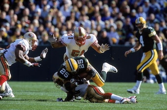 49ers middle linebacker Ken Norton Jr. (No. 51) is primed for attack mode against the Green Bay Packers.