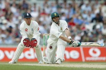 LONDON - SEPTEMBER 7:  Jacques Kallis of South Africa is hit by the ball as he hits out during the fourth day of the fifth npower test match between England and South Africa at The AMP Oval Cricket Ground on September 7, 2003 in London. (Photo by Clive Ma