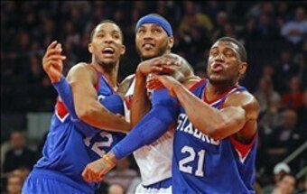 The Philadelphia 76ers tie up the New York Knicks' leading rebounder, Carmelo Anthony (not Tyson Chandler).