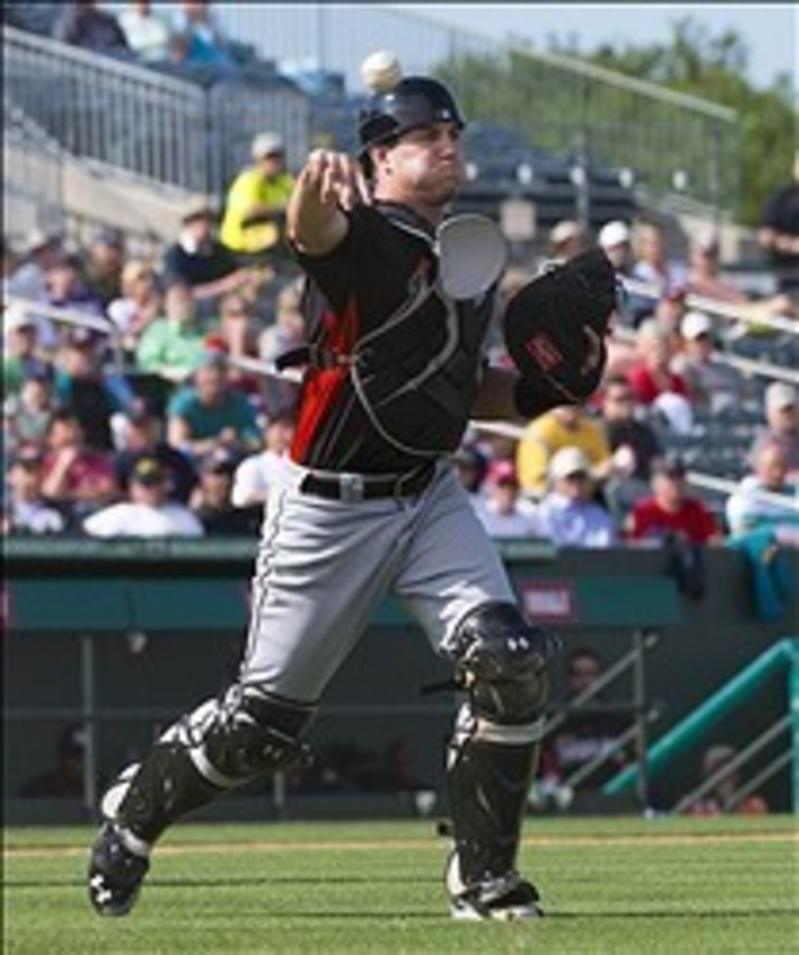 Feb 28, 2013; St. Louis, MO, USA; Miami Marlins catcher Jacob Realmuto (79) throws out a St. Louis Cardinals base runner at Roger Dean Stadium. The Cardinals defeated the Marlins 8-2. Mandatory Credit: Scott Rovak-USA TODAY Sports