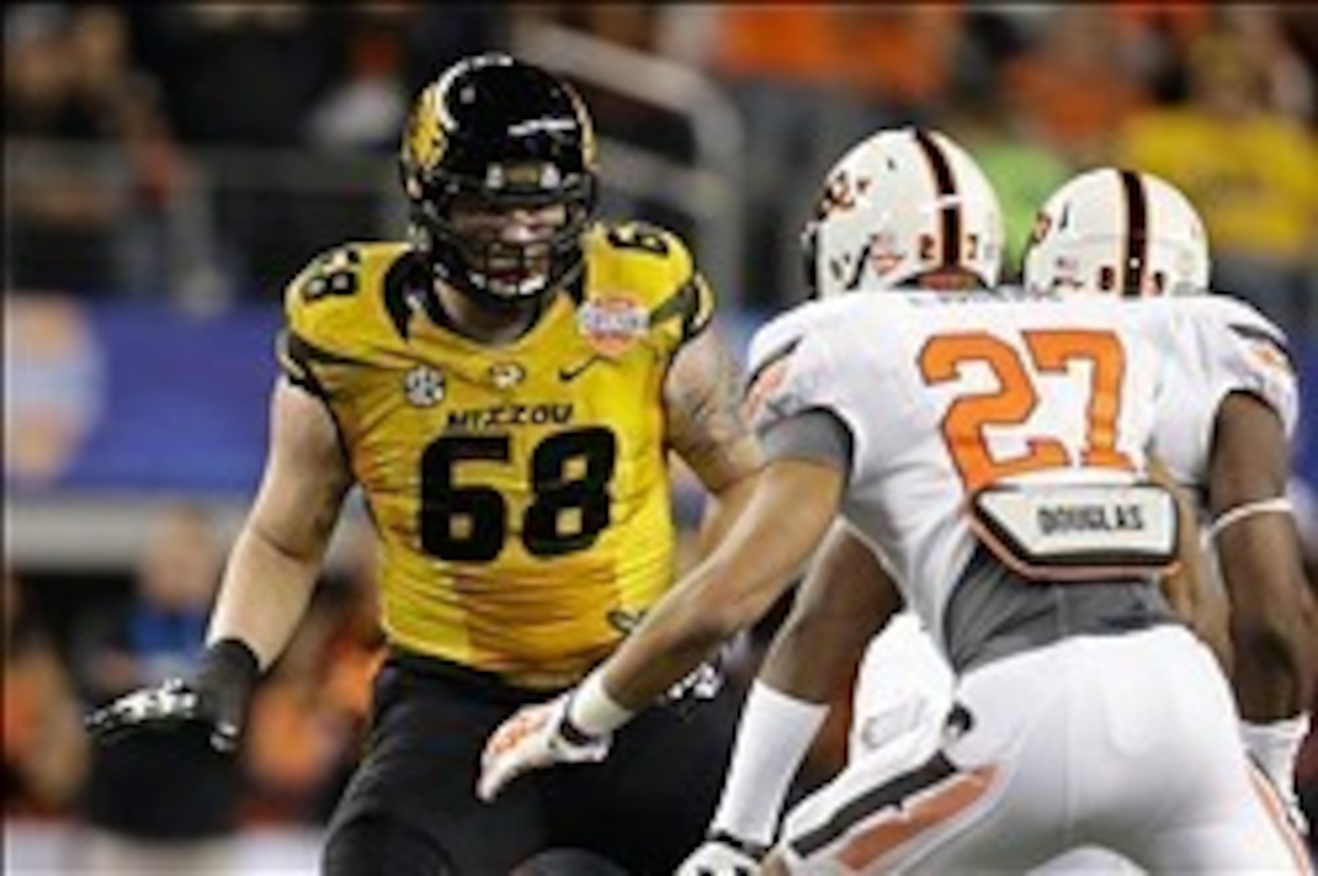 Jan 3, 2014; Arlington, TX, USA; Missouri Tigers offensive linesman Justin Britt (68) in game action Oklahoma State Cowboys at the 2014 Cotton Bowl at AT&T Stadium. Missouri beat Oklahoma State 41-31. Mandatory Credit: Tim Heitman-USA TODAY Sports
