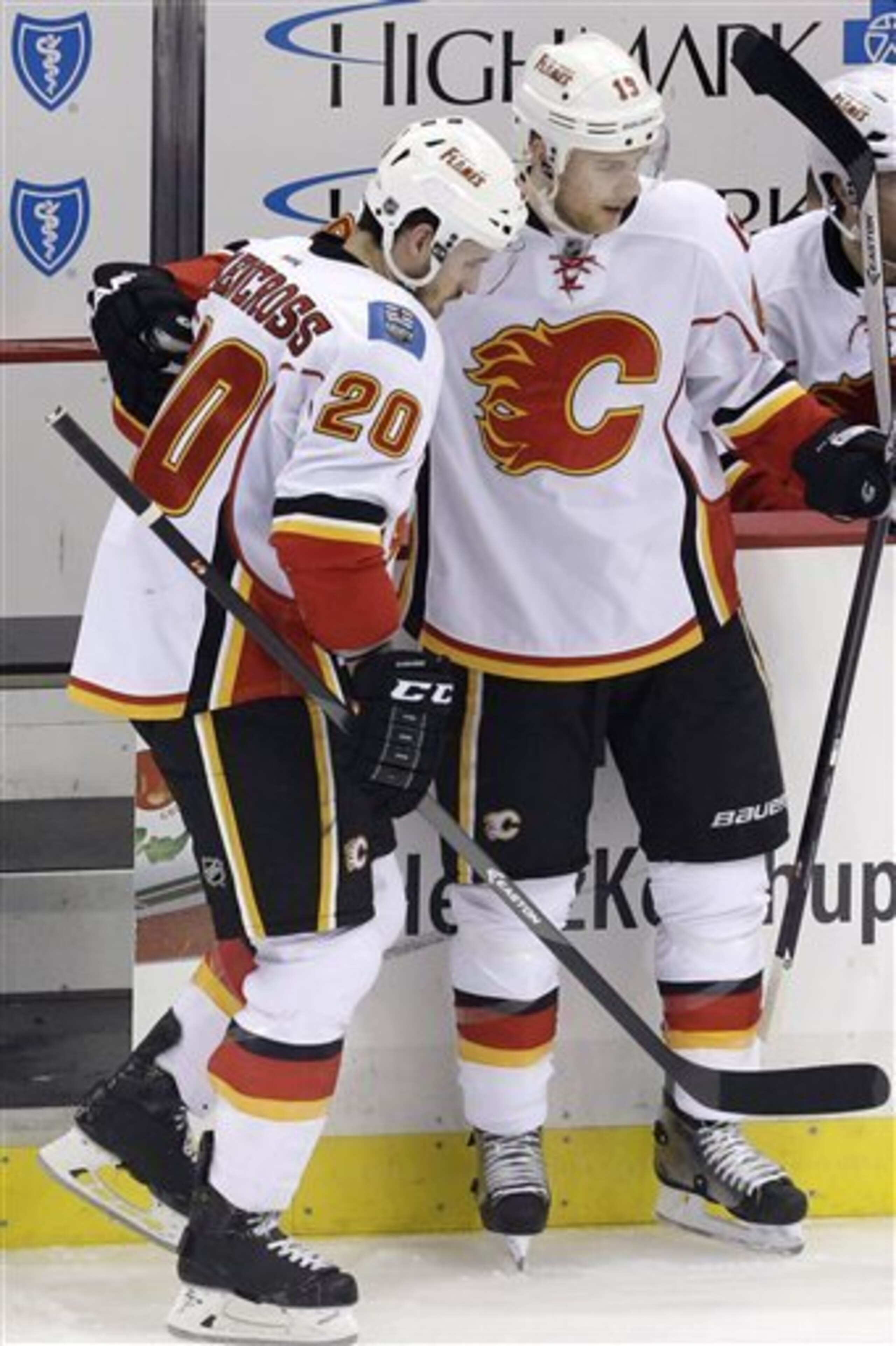 Calgary Flames forwards Stajan (right) and Curtis Glencross. Calgary Flames forwards Stajan (right) and Curtis Glencross.