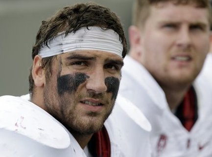 Stanford defensive end Ben Gardner (49) sits on the team bench during the first half of an NCAA college football game against Army on Saturday, Sept. 14, 2013, in West Point, N.Y. (AP Photo/Mike Groll)