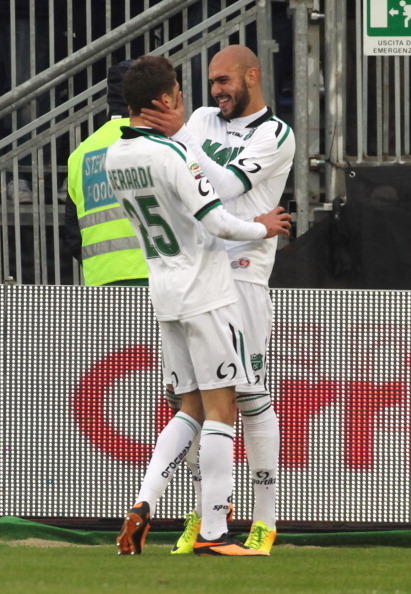 Simone Zaza celebrates a goal with fellow Juve loanee Domenico Berardi.