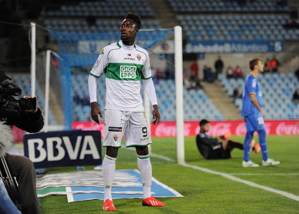 GETAFE, SPAIN - NOVEMBER 09:  Richmond Boakye of Elche FC celebrates  after scoring his team's opening goal during the La Liga match between Getafe CF and Elche FC   at Coliseum Alfonso Perez stadium on November 9, 2013 in Getafe, Spain.  (Photo by Denis 