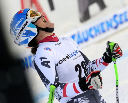 Goergl celebrates a season-saving downhill win in Altenmarkt/Zauchensee.