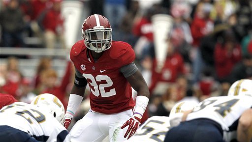 Alabama linebacker C.J. Mosley (32) lines up for the play during the first half of an NCAA college football game against Chattanooga on Saturday, Nov. 23, 2012, in Tuscaloosa, Ala. (AP Photo/Butch Dill)