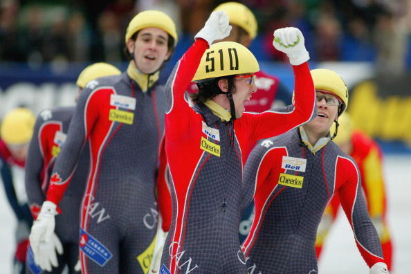 BEIJING, CHINA - MARCH 13: (CHINA OUT) Athletes of Canada celebrate their world record after the final competition of the men's 5,000 meter Relay event during World Short Track Speed Skating Championship on March 13, 2005 in Beijing, China. Canadian skate