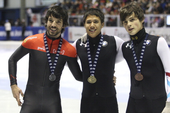 CALGARY, CANADA - OCTOBER 21: The top three in men's 500 meters final (L - R) Charles Hamelin of Canada, second, J.R. Celeski, first, and John-Henry Krueger, third, both of the United States at the Samsung ISU short track speed skating World Cup on Octobe