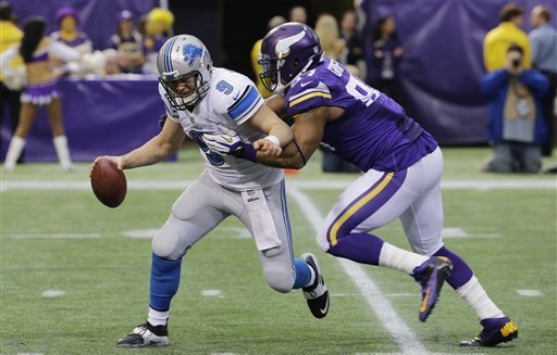 Everson Griffen sacks Matthew Stafford in Week 17 of the 2013 season.