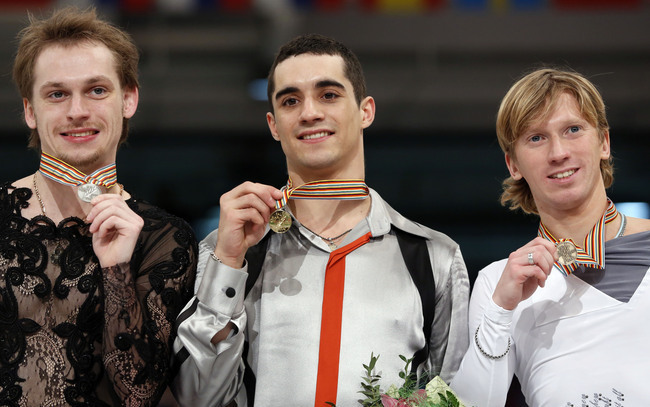 Javier Fernandez (center) is Spain's first skating star