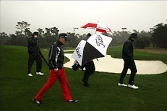 Weather conditions were blustery and cold on Saturday at the AT&T Pebble Beach National Pro-Am